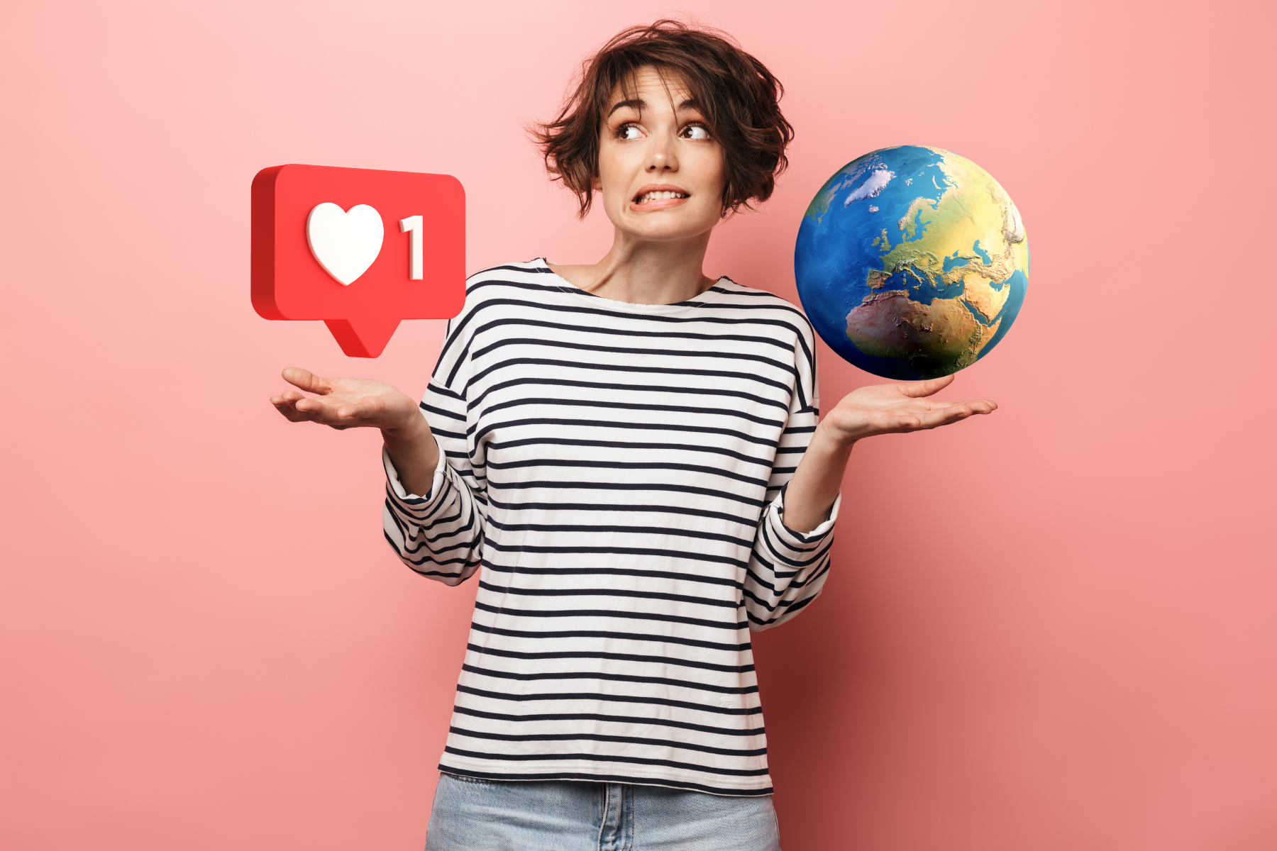 vrouw twijfelt met en globe op haar linkerhand en spraakwolkje op rechterhand